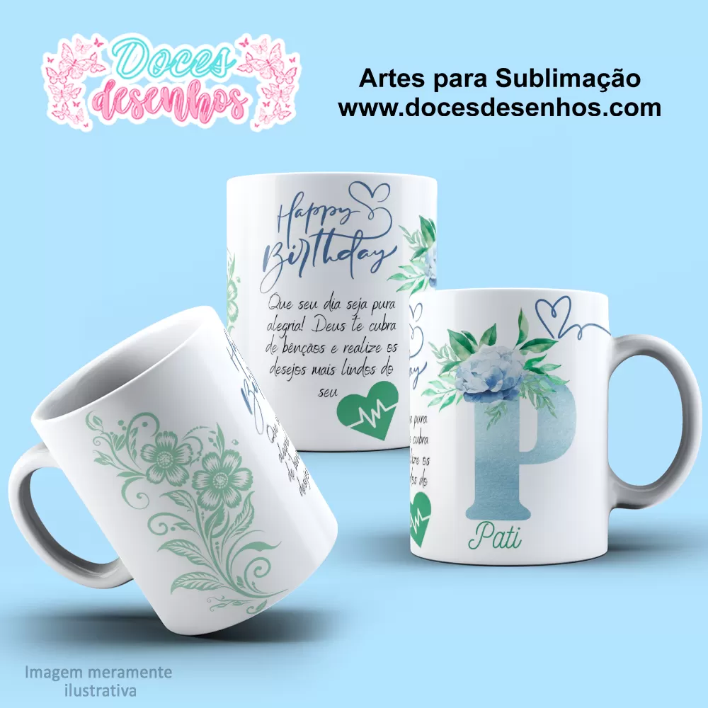  Arte Estampa Caneca - Sublimação - Alfabeto Floral - Azul - 2024