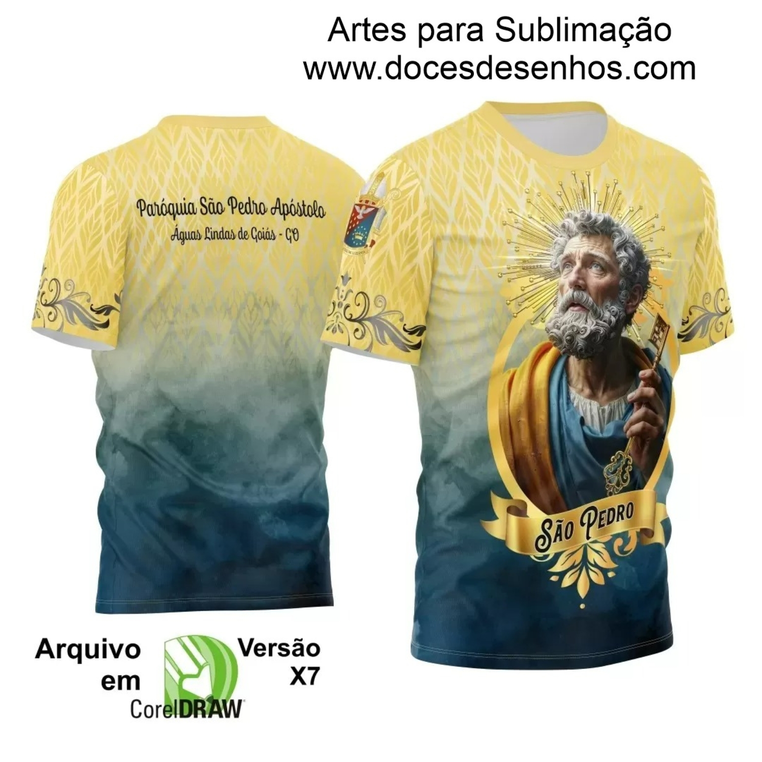 Arte Estampa Camisa Amarela 2024 - Religião - São Pedro 2024 Arte Estampa Camisa Amarela 2024 - Religião - São Pedro 2024