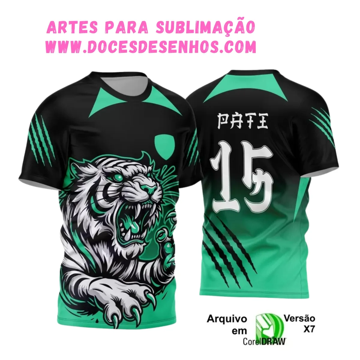Camisa de Interclasse Preta e Verde – Arte Vetor com Tigre Camisa de Interclasse Preta e Verde – Arte Vetor com Tigre