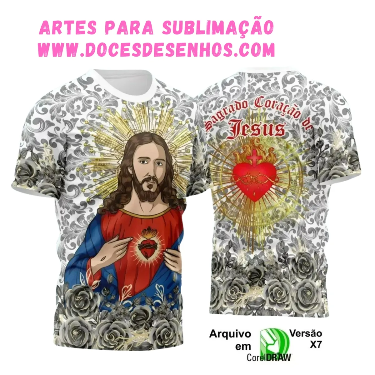 Estampa Religiosa Sagrado Coração de Jesus em Camisa Estampa Religiosa Sagrado Coração de Jesus em Camisa