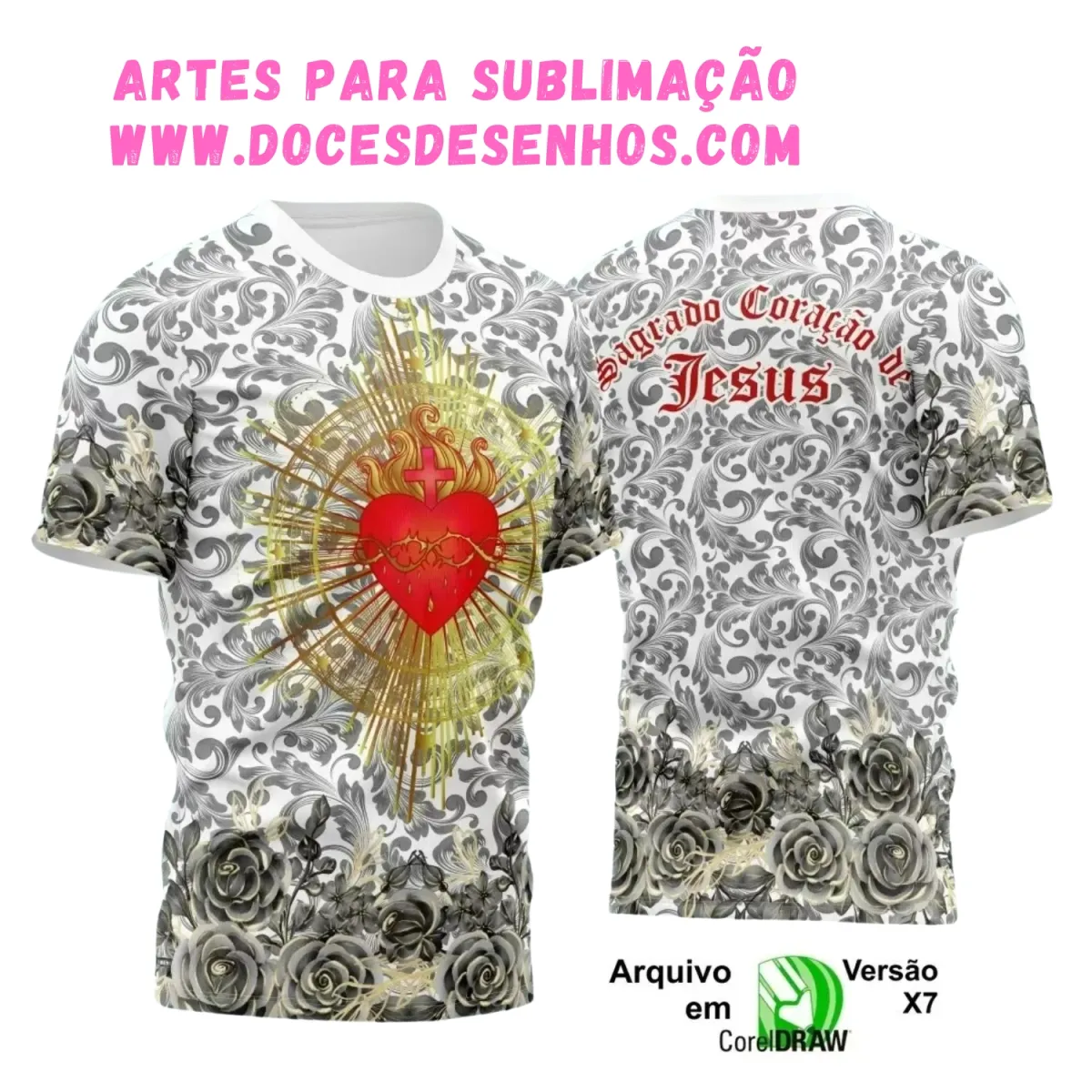 Estampa Religiosa Sagrado Coração de Jesus em Camisa Estampa Religiosa Sagrado Coração de Jesus em Camisa
