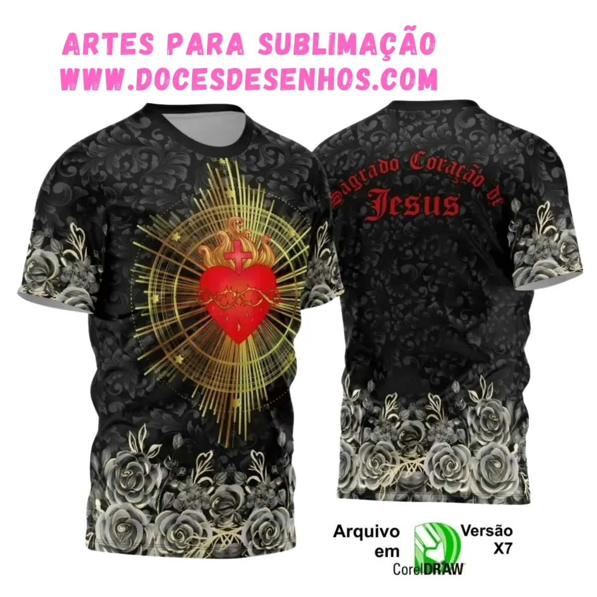 Estampa Religiosa Sagrado Coração de Jesus em Camisa Estampa Religiosa Sagrado Coração de Jesus em Camisa