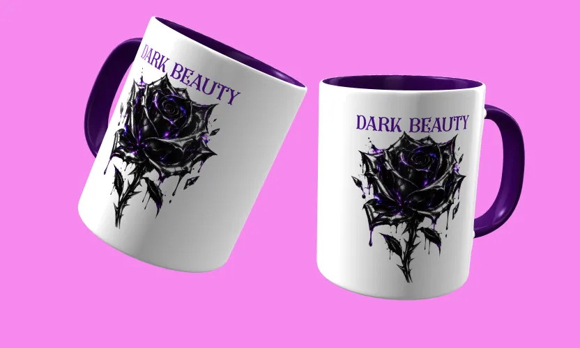 Caneca temática com arte Dark Beauty, criando presença e estilo marcantes em qualquer ocasião, perfeita para amantes do visual sombrio e sofisticado.