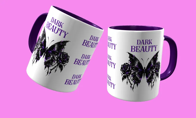 Caneca temática com arte Dark Beauty, criando presença e estilo marcantes em qualquer ocasião, perfeita para amantes do visual sombrio e sofisticado.