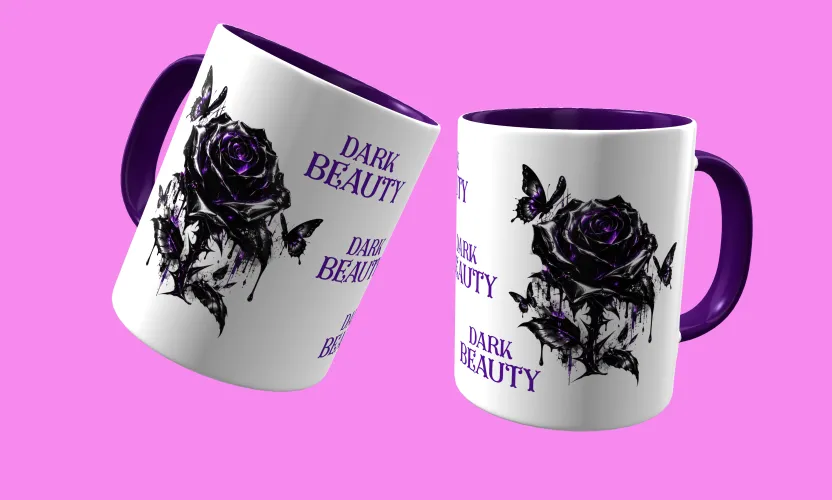 Caneca temática com arte Dark Beauty, criando presença e estilo marcantes em qualquer ocasião, perfeita para amantes do visual sombrio e sofisticado.