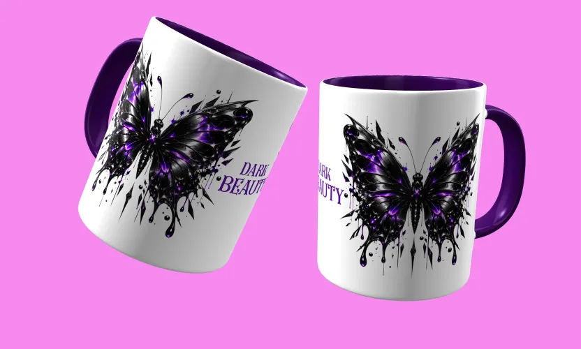 Caneca temática com arte Dark Beauty, criando presença e estilo marcantes em qualquer ocasião, perfeita para amantes do visual sombrio e sofisticado.