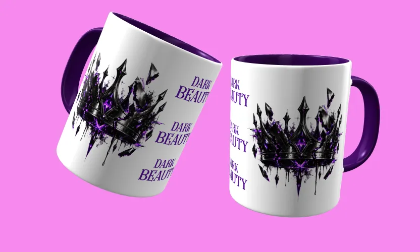 Caneca temática com arte Dark Beauty, criando presença e estilo marcantes em qualquer ocasião, perfeita para amantes do visual sombrio e sofisticado.