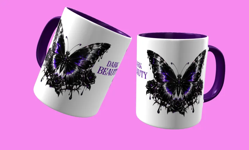 Caneca temática com arte Dark Beauty, criando presença e estilo marcantes em qualquer ocasião, perfeita para amantes do visual sombrio e sofisticado.