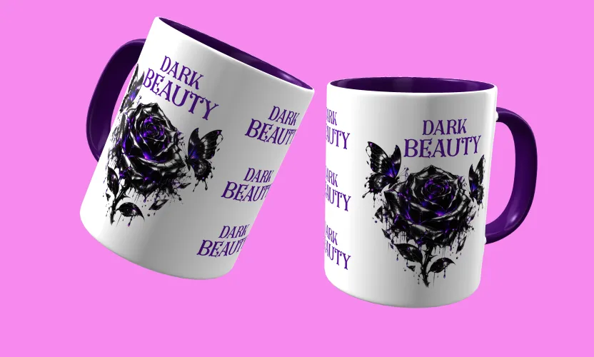 Caneca temática com arte Dark Beauty, criando presença e estilo marcantes em qualquer ocasião, perfeita para amantes do visual sombrio e sofisticado.