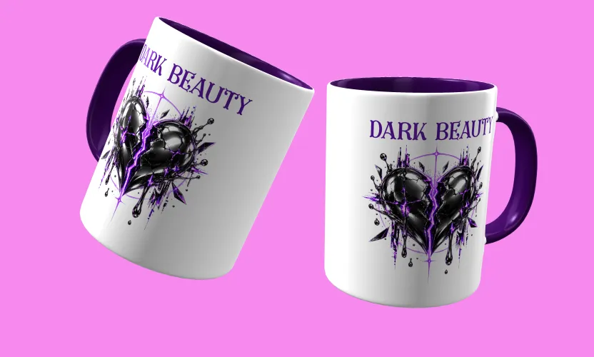 Caneca temática com arte Dark Beauty, criando presença e estilo marcantes em qualquer ocasião, perfeita para amantes do visual sombrio e sofisticado.
