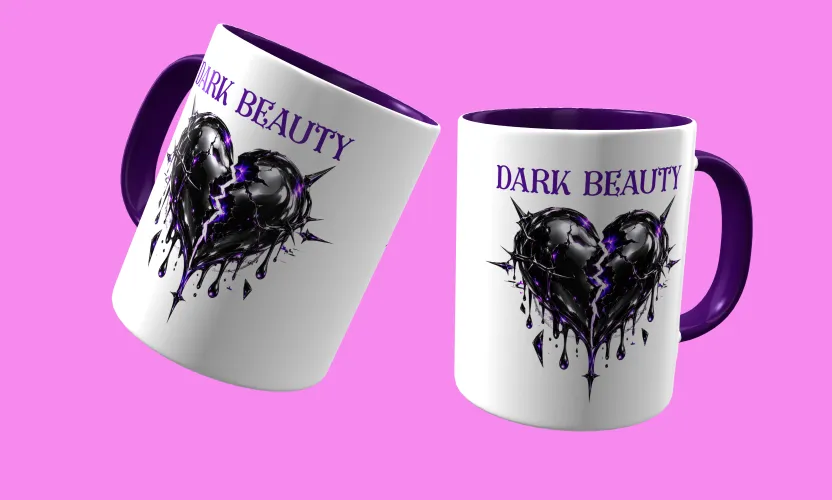 Caneca temática com arte Dark Beauty, criando presença e estilo marcantes em qualquer ocasião, perfeita para amantes do visual sombrio e sofisticado.