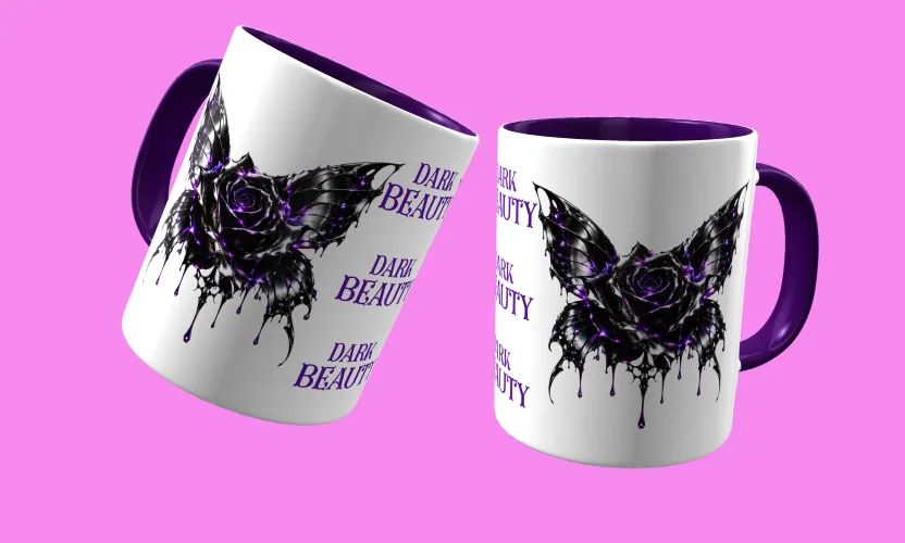 Caneca temática com arte Dark Beauty, criando presença e estilo marcantes em qualquer ocasião, perfeita para amantes do visual sombrio e sofisticado.
