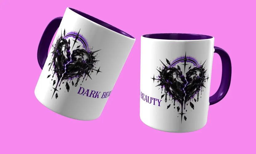 Caneca temática com arte Dark Beauty, criando presença e estilo marcantes em qualquer ocasião, perfeita para amantes do visual sombrio e sofisticado.