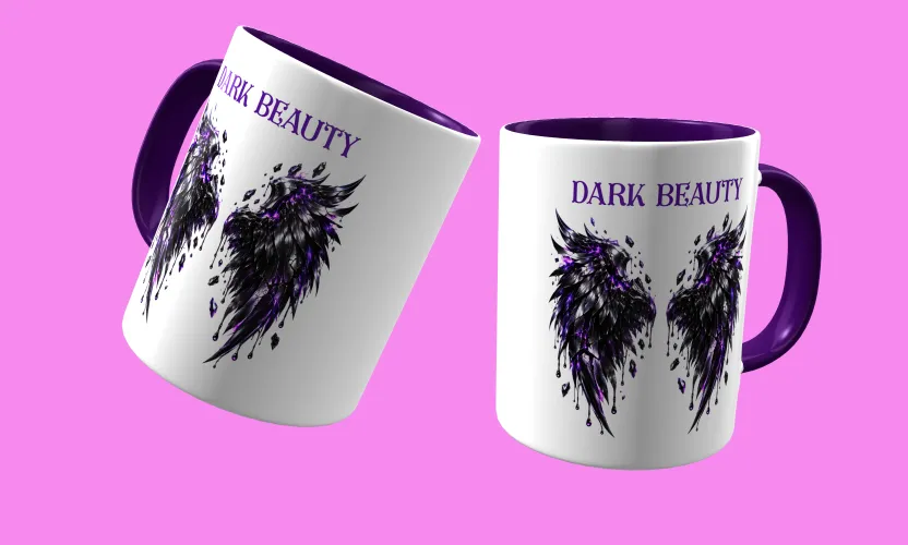 Caneca temática com arte Dark Beauty, criando presença e estilo marcantes em qualquer ocasião, perfeita para amantes do visual sombrio e sofisticado.