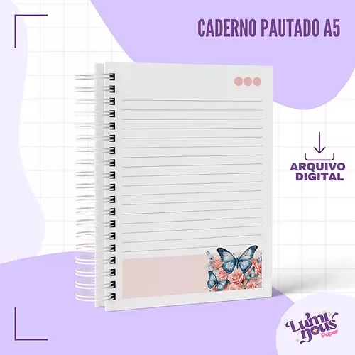 Arquivo Digital – Caderno Pautado A5 – Borboletas Azul e Rosa – Luminous Paper
