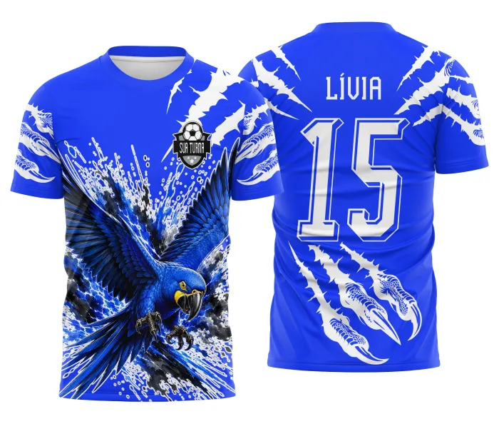 Arte de arara azul para camisa de queimada interclasse e identidade visual de turma escolar Arte Autoral Doces Desenhos