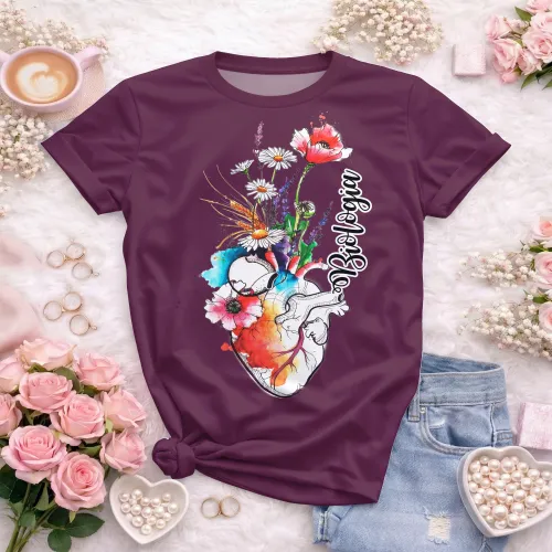 Arte pronta para camisa de biologia coracao anatomico floral aquarela formato CDR CorelDraw
