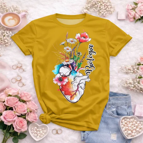 Arte pronta para camisa de biologia coracao anatomico floral aquarela formato CDR CorelDraw