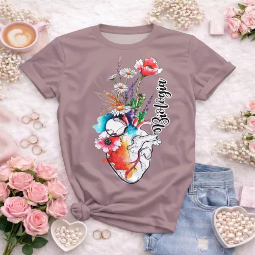 Arte pronta para camisa de biologia coracao anatomico floral aquarela formato CDR CorelDraw