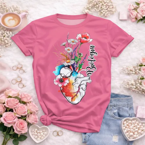 Arte pronta para camisa de biologia coracao anatomico floral aquarela formato CDR CorelDraw