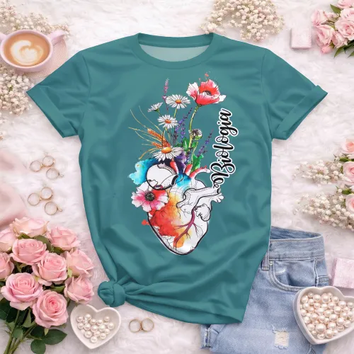 Arte pronta para camisa de biologia coracao anatomico floral aquarela formato CDR CorelDraw