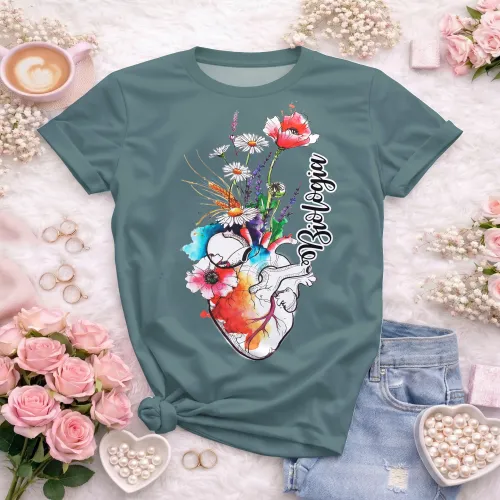 Arte pronta para camisa de biologia coracao anatomico floral aquarela formato CDR CorelDraw