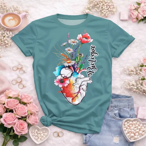 Arte pronta para camisa de biologia coracao anatomico floral aquarela formato CDR CorelDraw