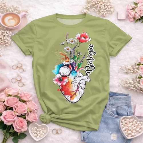 Arte pronta para camisa de biologia coracao anatomico floral aquarela formato CDR CorelDraw