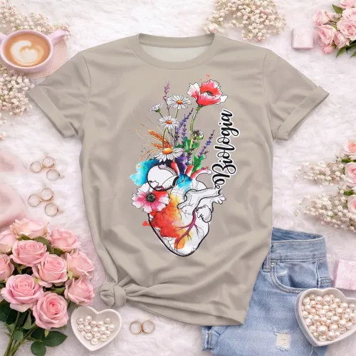Arte pronta para camisa de biologia coracao anatomico floral aquarela formato CDR CorelDraw