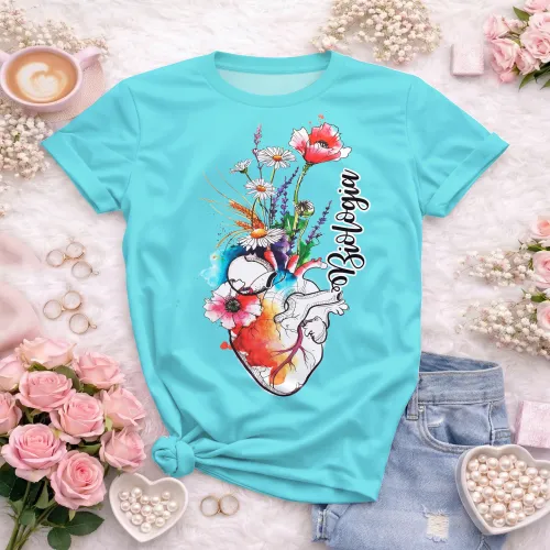 Arte pronta para camisa de biologia coracao anatomico floral aquarela formato CDR CorelDraw