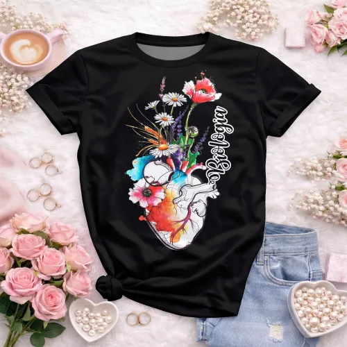 Arte pronta para camisa de biologia coracao anatomico floral aquarela formato CDR CorelDraw