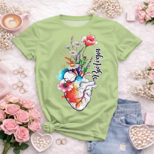 Arte pronta para camisa de biologia coracao anatomico floral aquarela formato CDR CorelDraw