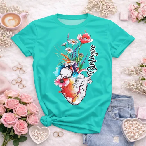 Arte pronta para camisa de biologia coracao anatomico floral aquarela formato CDR CorelDraw