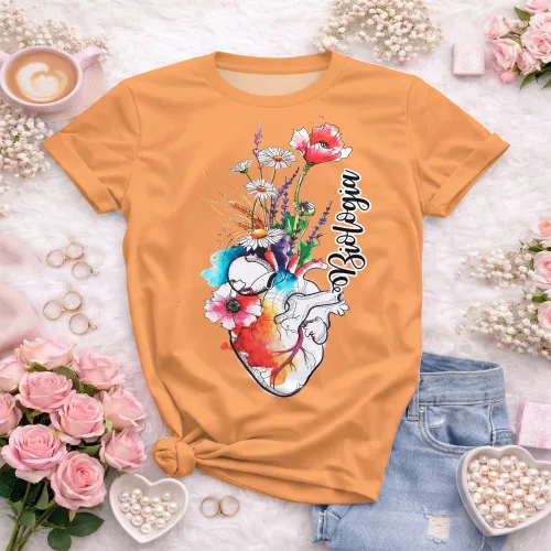 Arte pronta para camisa de biologia coracao anatomico floral aquarela formato CDR CorelDraw