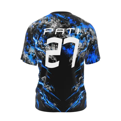 Camisa inteira estampada em azul e preto com um urso feroz, cobrindo frente, costas e mangas, perfeita para interclasse.