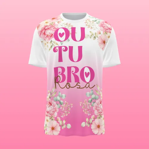 Camisa inteiramente estampada com um design delicado e impactante do Outubro Rosa, envolvendo frente, costas, mangas e gola para celebrar a conscientização e o apoio à luta contra o câncer de mama.
