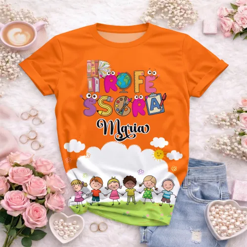 Arte pronta para camisa professora animada criancas de maos dadas formato CDR CorelDraw com varias cores