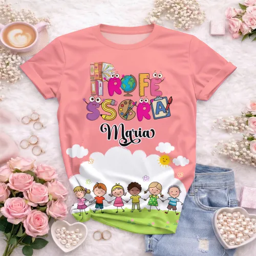 Arte pronta para camisa professora animada criancas de maos dadas formato CDR CorelDraw com varias cores