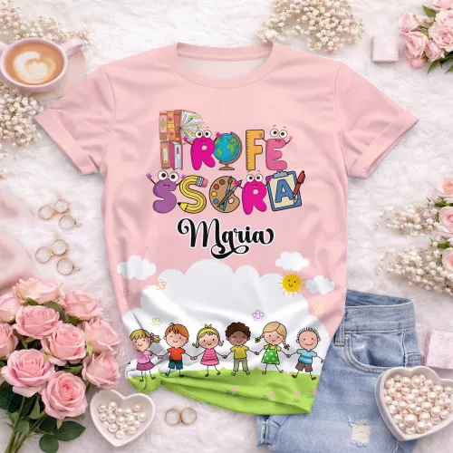 Arte pronta para camisa professora animada criancas de maos dadas formato CDR CorelDraw com varias cores