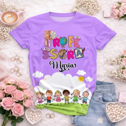 Arte pronta para camisa professora animada criancas de maos dadas formato CDR CorelDraw com varias cores