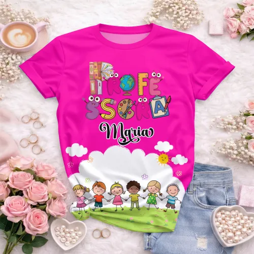 Arte pronta para camisa professora animada criancas de maos dadas formato CDR CorelDraw com varias cores