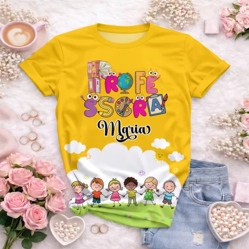 Arte pronta para camisa professora animada criancas de maos dadas formato CDR CorelDraw com varias cores