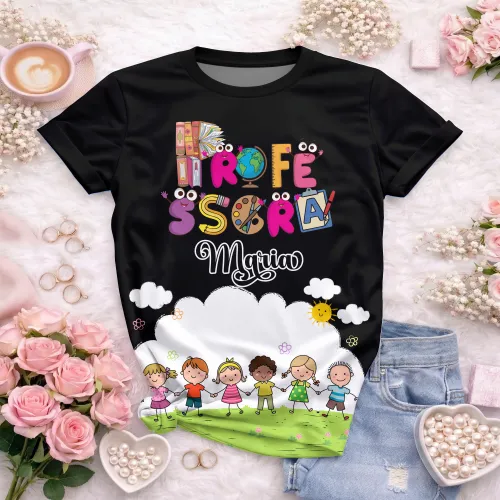 Arte pronta para camisa professora animada criancas de maos dadas formato CDR CorelDraw com varias cores