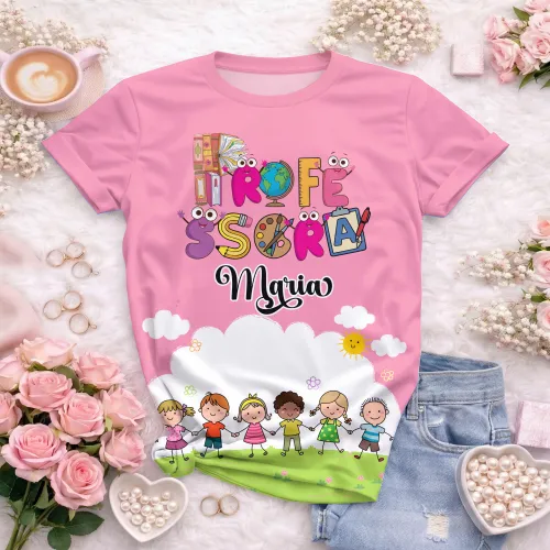 Arte pronta para camisa professora animada criancas de maos dadas formato CDR CorelDraw com varias cores