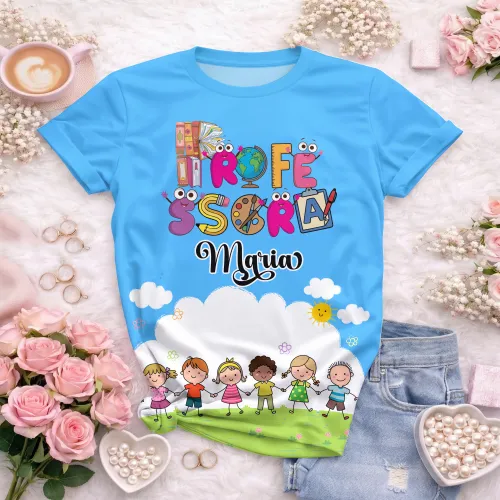 Arte pronta para camisa professora animada criancas de maos dadas formato CDR CorelDraw com varias cores