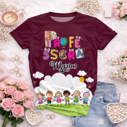 Arte pronta para camisa professora animada criancas de maos dadas formato CDR CorelDraw com varias cores