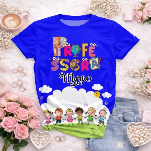 Arte pronta para camisa professora animada criancas de maos dadas formato CDR CorelDraw com varias cores