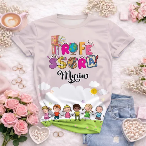 Arte pronta para camisa professora animada criancas de maos dadas formato CDR CorelDraw com varias cores