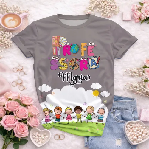 Arte pronta para camisa professora animada criancas de maos dadas formato CDR CorelDraw com varias cores