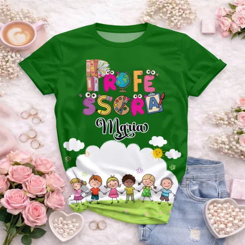 Arte pronta para camisa professora animada criancas de maos dadas formato CDR CorelDraw com varias cores